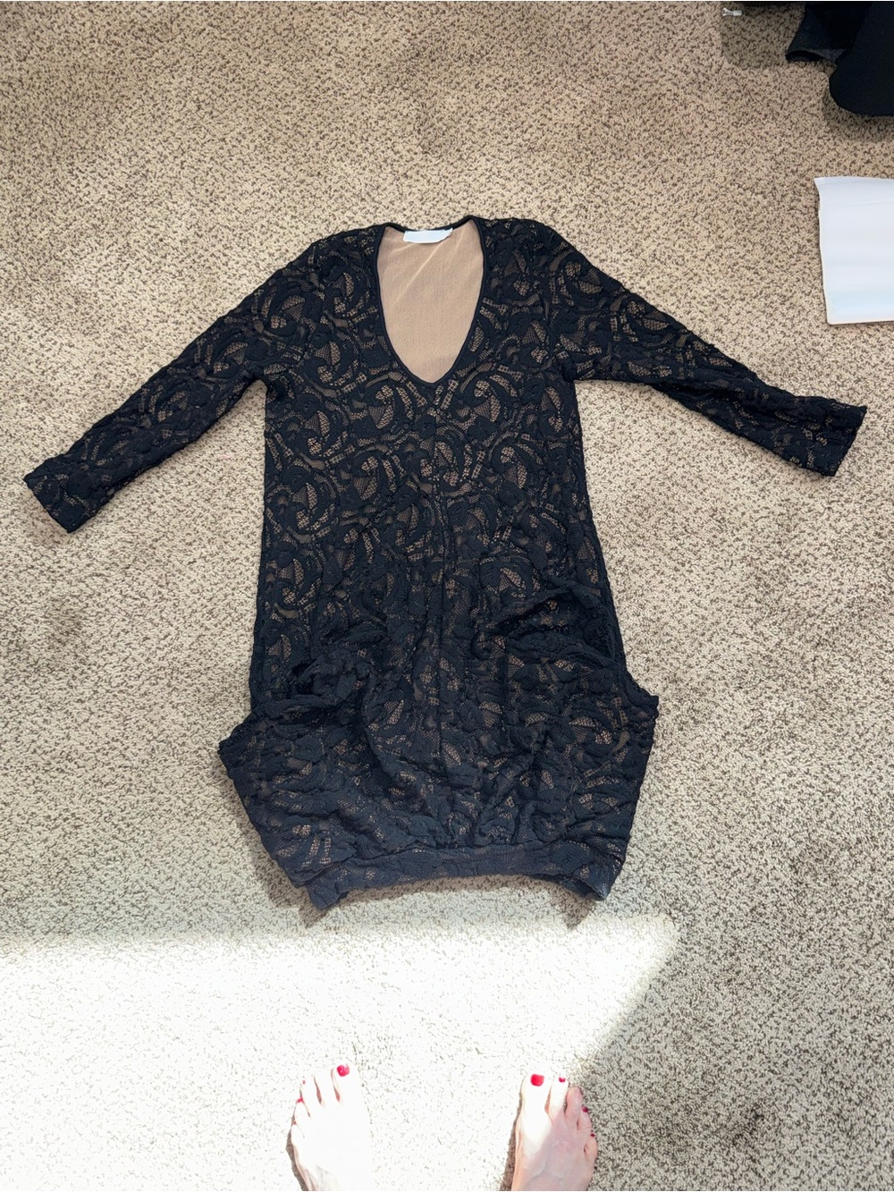 ANNE FONTAINE Coline Black Lace Nude Lined Bubble Dress Deep Pockets | US Sz 8